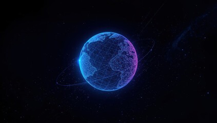 Obraz premium Neon wireframe globe glowing blue and magenta with orbital lines, futuristic tech vibe