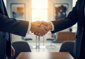 Two professional businessmen firmly shaking hands in a corporate close-up shot, illuminated by warm golden light in a modern office setting.