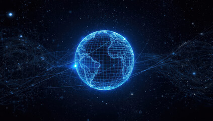 Obraz premium Neon globe digital earth blue grid network lines space background hologram technology