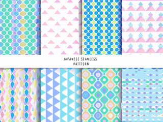 Collection of colorful seamless patterns with geometric shapes and pastel tones