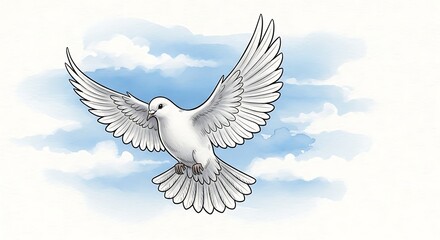 White Dove Flying in a Serene Blue Sky with Clouds, Symbolizing Peace and Freedom.