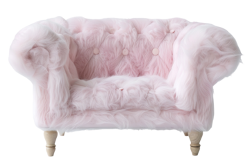 Sofa model featuring a soft, fluffy texture with a light pink color. The structure is visible, showing a tufted back and wooden legs. Ideal for design projects and visual displays