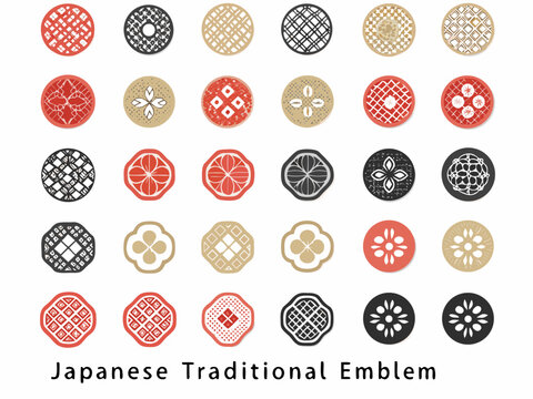 Collection of diverse circular japanese traditional emblems and decorative elements