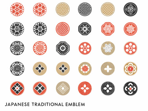 Collection of traditional japanese circular emblems and geometric patterns displayed