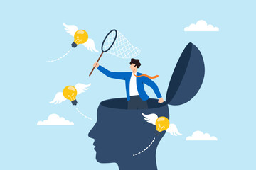 Flat illustration of businessman using net catching flying lightbulb inside open head symbolizing creativity innovation brainstorming and idea generation process © VZ_Art