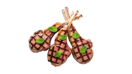 Isolated trio of grilled lamb chops with a lattice pattern and fresh mint leaf garnish