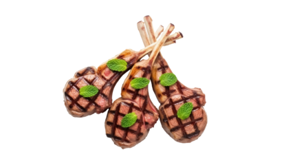 Isolated trio of grilled lamb chops with a lattice pattern and fresh mint leaf garnish