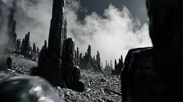 Jagged obsidian rock spires piercing a smoky, atmospheric sky in a dark, alien landscape