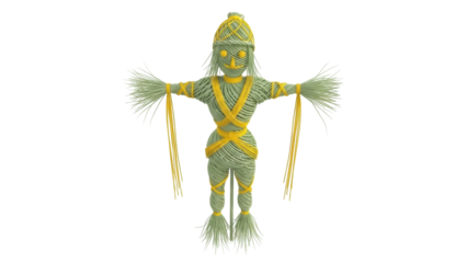 Isolated decorative handmade yarn doll, straw scarecrow figurine with green and yellow accents