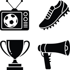 Obraz premium Soccer sports icon set, football broadcasting on television, athletic cleat shoe, championship winner trophy, and megaphone announcement symbols