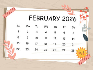 February 2026 Calendar Vector with Cute Sun & Floral Decor. Monthly Planner for Scheduling.