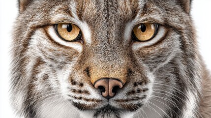 Obraz premium Close-up of a lynx, its face dominating the frame, with intense yellow eyes. Soft fur and detailed features are shown