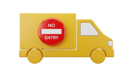 Isolated yellow truck with a no entry sign, symbolic of transportation restrictions, deliveries