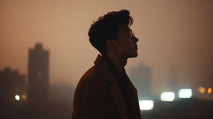 Silhouette of a contemplative individual against an urban skyline. The soft, muted palette creates a tranquil atmosphere, enhanced by the gentle glow of city lights.