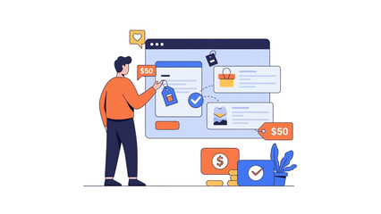 Man Interacting with Digital E-commerce Interface and Shopping Cart.