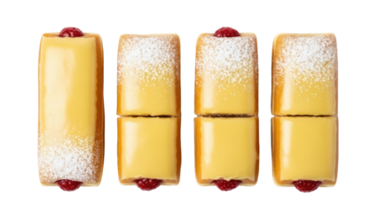 Isolated, sweet and decadent pastries with cherries and sugar powder for dessert concept