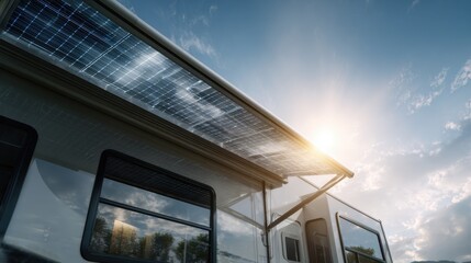 Medium shot of a sleek mobile home featuring highefficiency solar panels glistening under bright sunlight showcasing sustainable energy solutions for modern living.