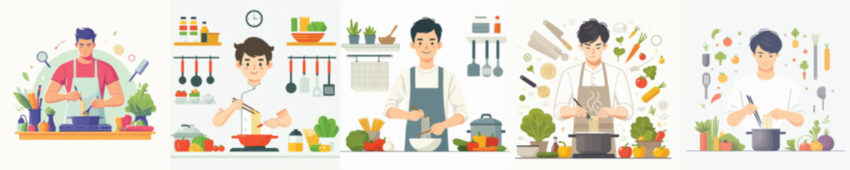 Abstract colorful background with busy men working in the kitchen illustration