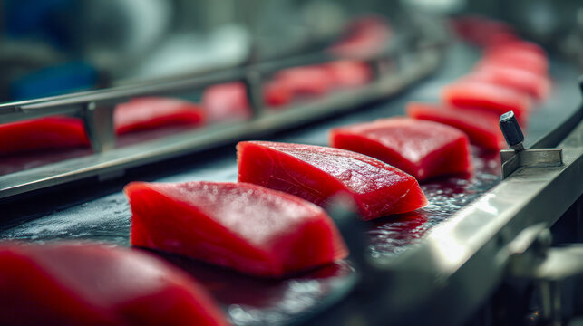 Fresh pieces of raw fish neatly placed on a conveyor belt in a seafood processing plant showcasing modern food production and packaging technology