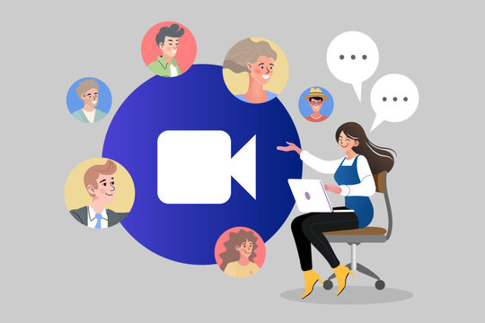 Video conference and remote work concept. Woman with laptop hosting online meeting with diverse people group. Flat vector illustration for webinar, virtual team, and digital communication. - Powered by Adobe