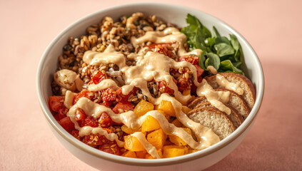 Vibrant grain bowl with roasted vegetables, greens and creamy dressing drizzled artistically