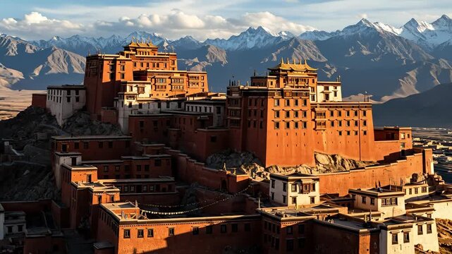 Majestic Architectural Wonder at Sunrise, Featuring Tibetan Monastery Surrounded by Snow-Capped Mountains, Buddhist Symbols Engraved, Located in Tibet