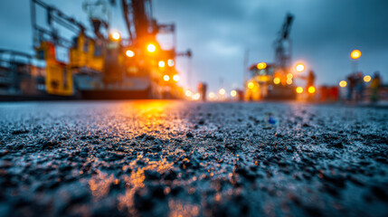 Industrial night scene with sharp focus on textured asphalt surface and blurred bright machinery lights glowing against dark moody sky background