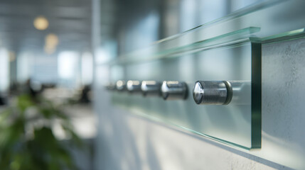 Modern office glass partition with metal standoff mounts creating a sleek and open workspace environment with natural light and blurred background elements
