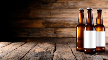 Three brown beer bottles positioned artistically on a rustic wooden table against a dark background, suggesting an invitation to gather and enjoy camaraderie or relaxation.