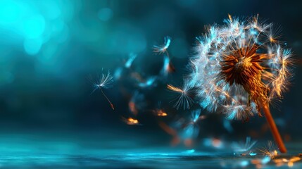A beautifully captured dandelion releasing its delicate seeds into the air, symbolizing freedom and the fleeting nature of life amidst a soothing blue backdrop.