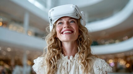 A joyful woman adorned with a VR headset beams with excitement in a contemporary setting, symbolizing the fusion of technology and human happiness in the digital age.