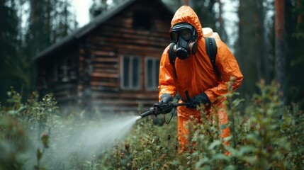 A person in protective gear applying pesticide in a lush environment, emphasizing safety and ecological awareness in maintaining plant health while showcasing nature's challenges.