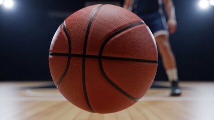 Fototapeta premium Close up of basketball in focus on wooden court; player blurry in back