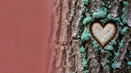 A heart shape carved into the bark of a tree, revealing lighter wood, with green moss on the textured bark.