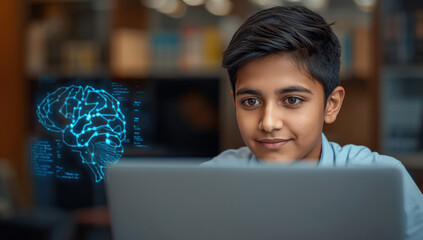 Young student using laptop with digital brain hologram overlay, focused and curious