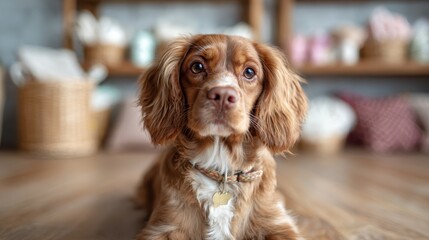 An adorable dog lounging comfortably on a polished wooden floor, showcasing its expressive features and soft fur amidst a cozy indoor setting filled with warmth.