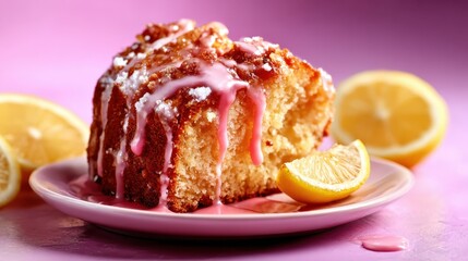 A visually tempting slice of lemon drizzle cake adorned with fresh lemons, sugary glaze, and a delightful texture, perfect for dessert and brightening up any occasion.