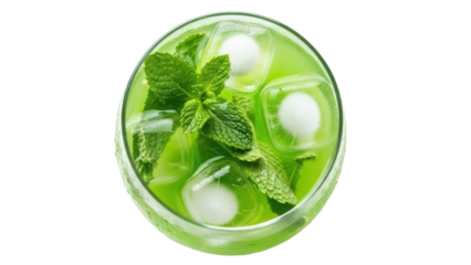 Isolated green refreshing drink in a clear glass, cube ice and mint leaves cocktail, top view.