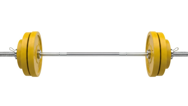 Isolated barbell with yellow weight plates on each side for exercise and training at the gym