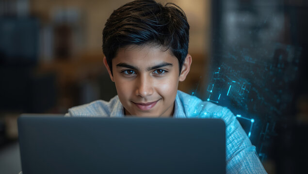 Young student laptop coding with focused expression in dim study space - Powered by Adobe