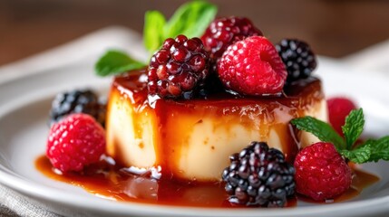 An exquisite dessert featuring a creamy flan topped with fresh berries and mint leaves, showcasing culinary artistry and the indulgent pleasure of gourmet treats.