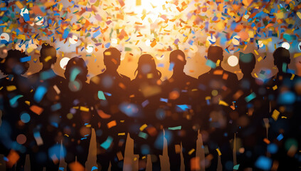 Silhouetted team celebrating under falling confetti with warm backlight and festive mood