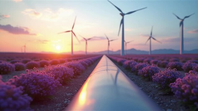 A hydrogen pipeline with wind turbines and in the background. Green hydrogen production concept 
