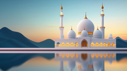 Islamic banner background featuring white mosque reflecting at sunset with mountains