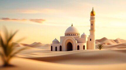 Majestic white mosque in the middle of desert at sunset