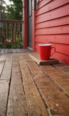 Naklejka premium Empty red coffee cup on a wooden front porch step at dawn , coffee, cup, wood