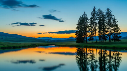 Serene mountain lake at sunset with pine trees
