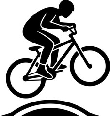Obraz premium Stylized silhouette of person riding a bicycle doing stunt or jump. Extreme sport and active lifestyle concept. Simple graphic symbol. Vector icon