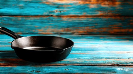 A minimalist image of a cast iron skillet elegantly positioned on a rustic, vibrant turquoise wooden surface, designed to highlight the beauty of the cookware and the texture.