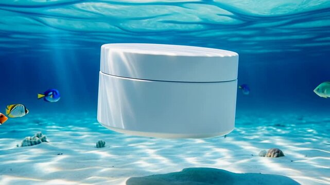 Skincare Hand Cream Product Mockup Hydration Video Cinematic Container Falls To The Ocean Floor With Curious Tropical Fish